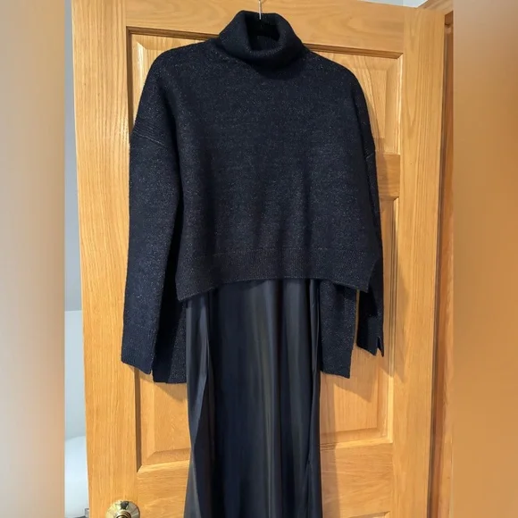 All Saints Amos 2-In-1 Satin Maxi Dress S . Navy sparkle blue - Picture 5 of 11